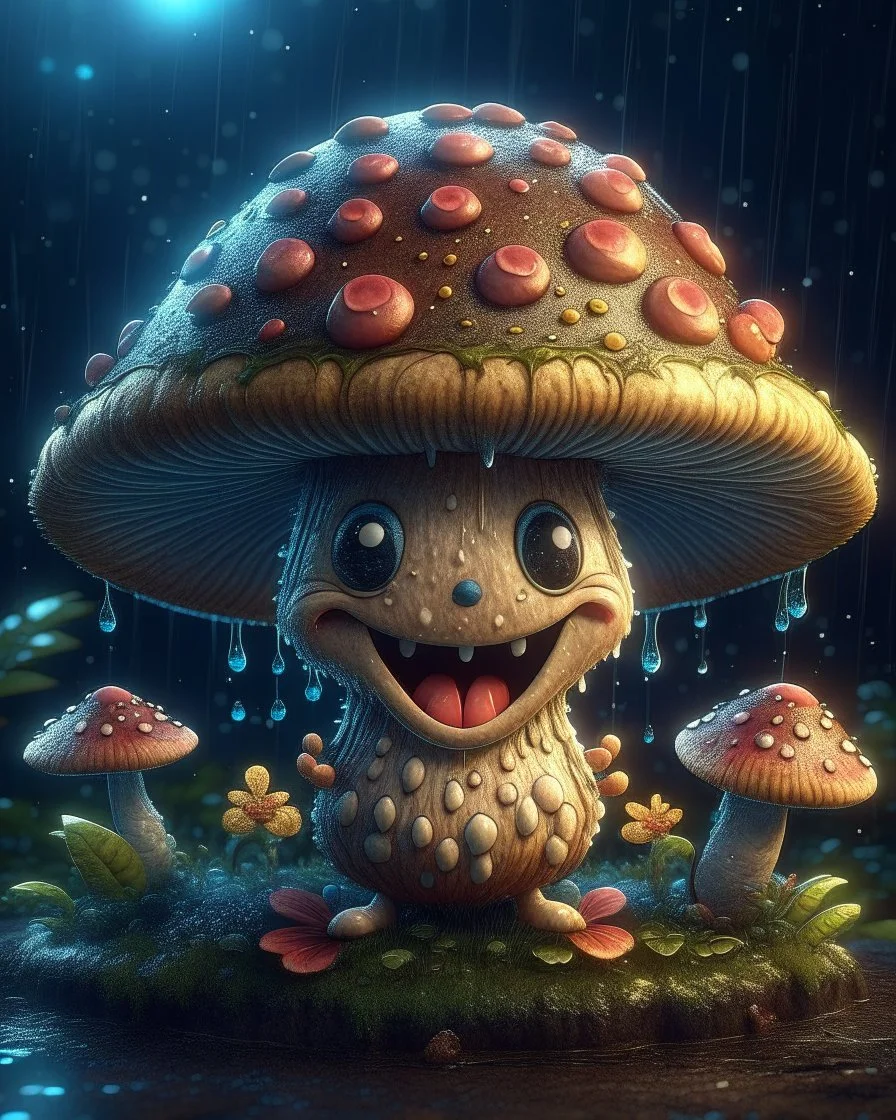 Magical mini kawaii mushroom with smiling face, Liquid Structure, Flying Petals, Sparks, Lightning, Splash, Portrait Photography, Fantasy Background, Intricate Patterns, Ultra Detailed, Luminous, Radiance, cartoon style, Complex Details, Intricate Details, 16k, HDR, High Quality, Trending On Artstation, Sharp Focus, Studio Photo, Intricate Details, Highly Detailed, By Greg Rutkowski