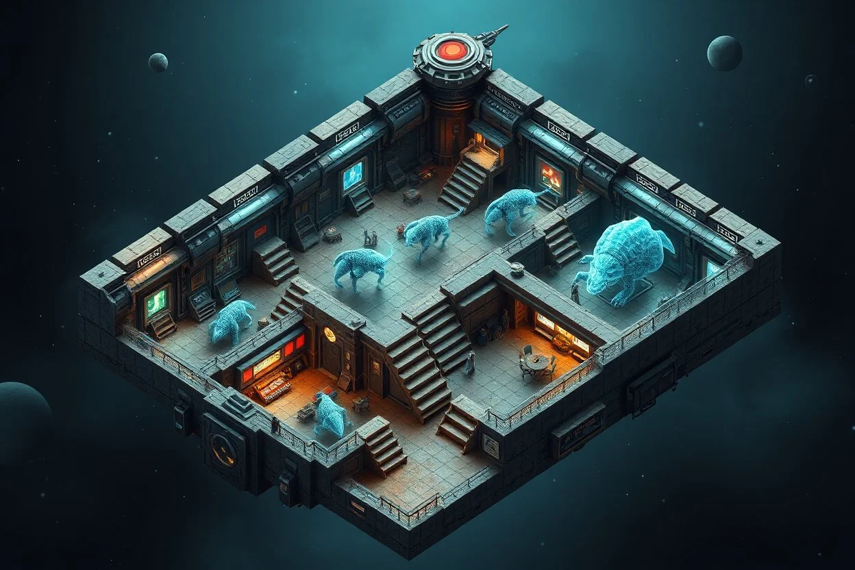 bitmap isometric big map of space ship invasion with different rooms with transparent monsters from d and d, 2 levels with stairs, realistic 3d, in style of escher and giger