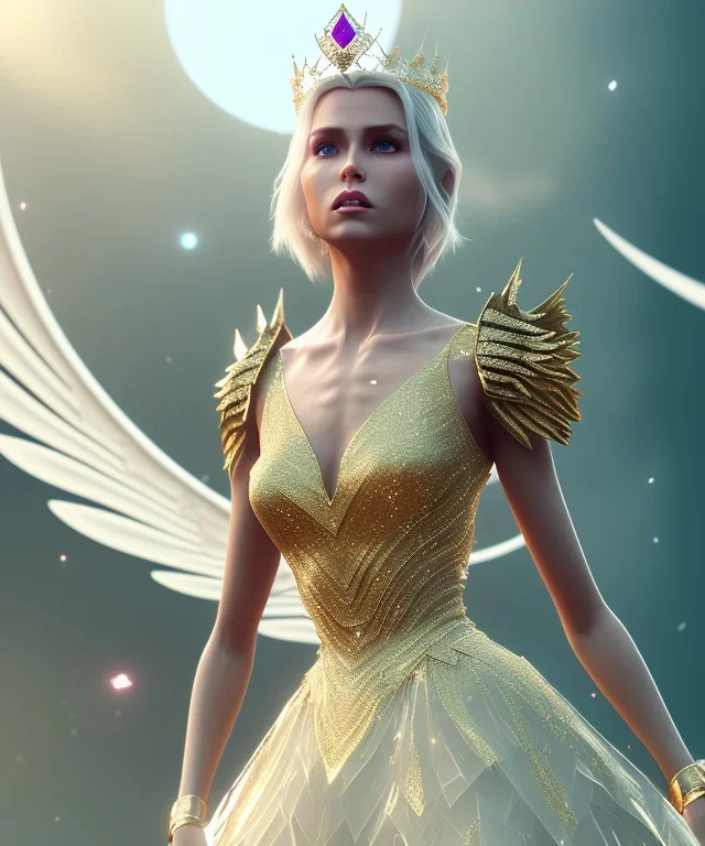 A crystalised queen, atmospheric, realistic, unreal engine, cinematic lighting, octane render, transparent long dress, blonde, full body, wings