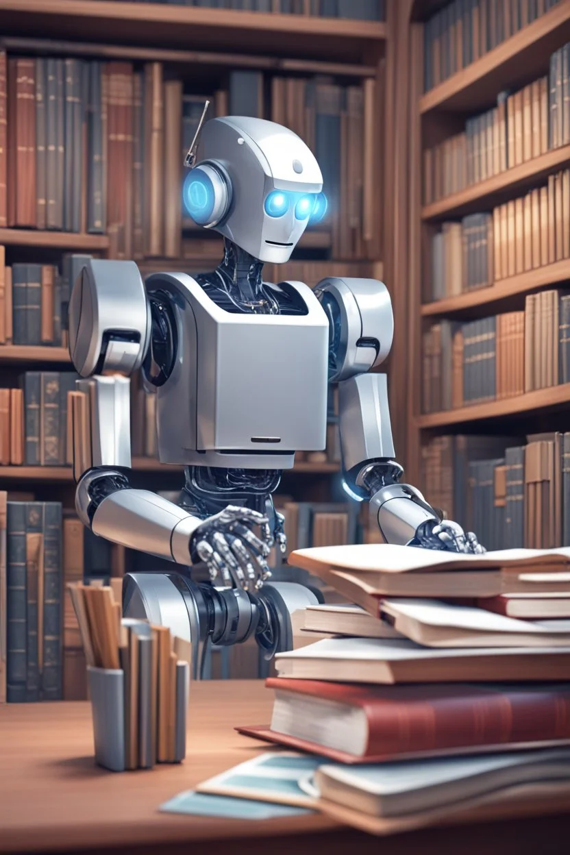 The library is serviced by computers, and there are many books on the shelves. The robot sits at the table and searches for books in the catalog in the computer Expression. High-quality drawing, 8K