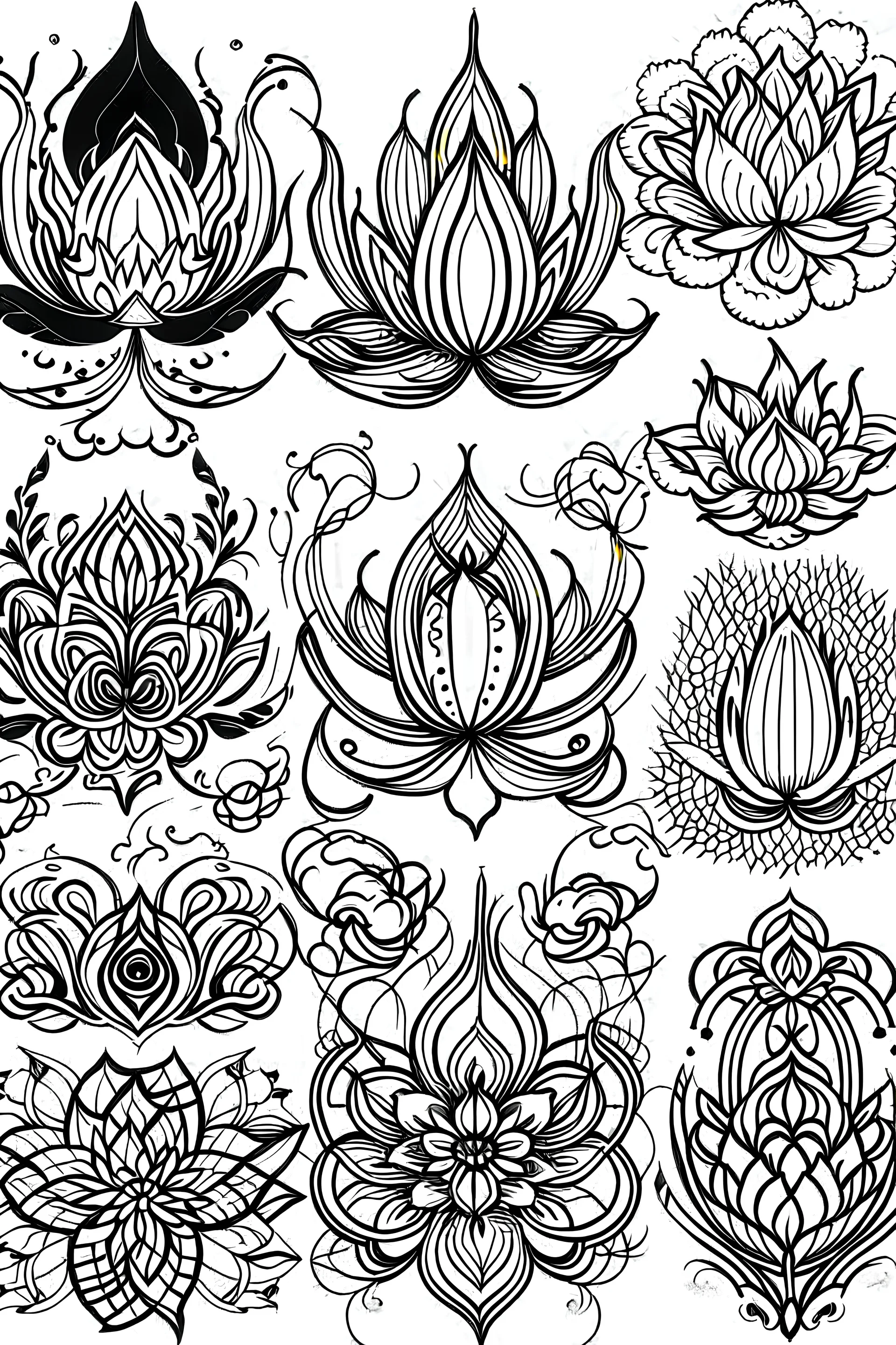 A flash of 10 simple line drawing black ink on white background of spiritual lotus flowers and meaningful designs