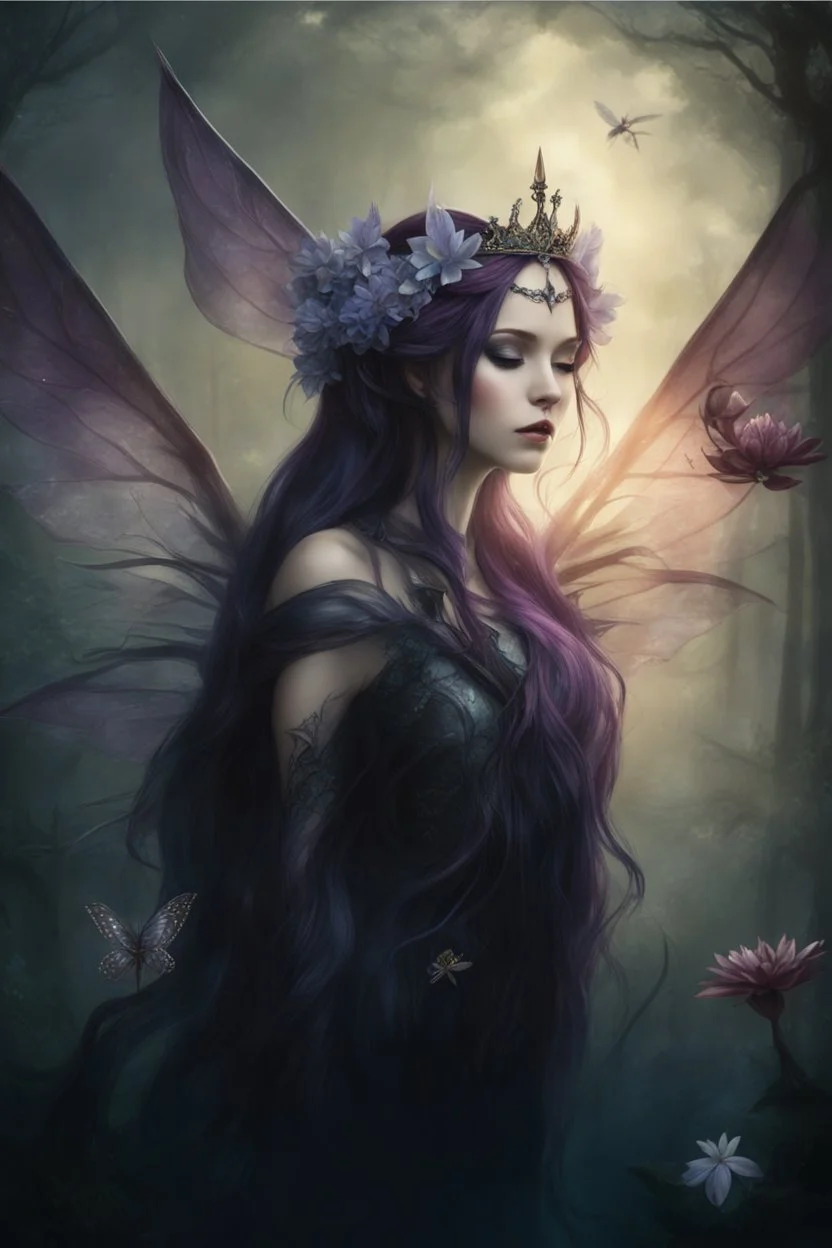 Dark Burgundy hair , dark red, violet, Fairy wings Purple hair,water lilies,dark fairy ,lilac dark red hair princess,nymph,elven crown,dragonflies,tiara,,gothic