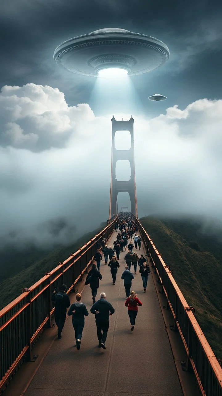 A lot of people running on San Francisco golden bridge , escaping an ufo alien attack above misty clouds and storm in the background