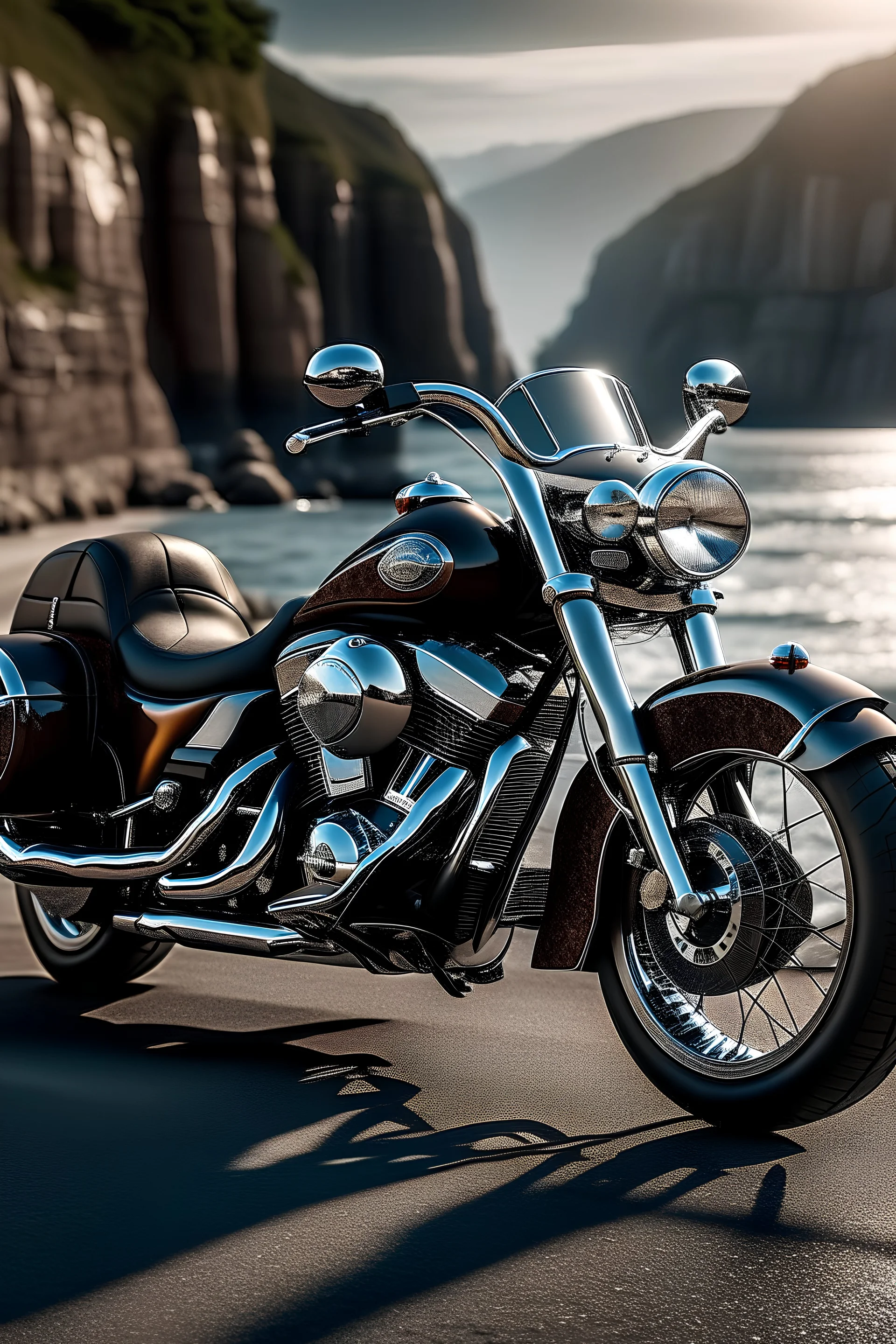 Photorealistic Harley Davidson with giant engine on a road next to the ocean