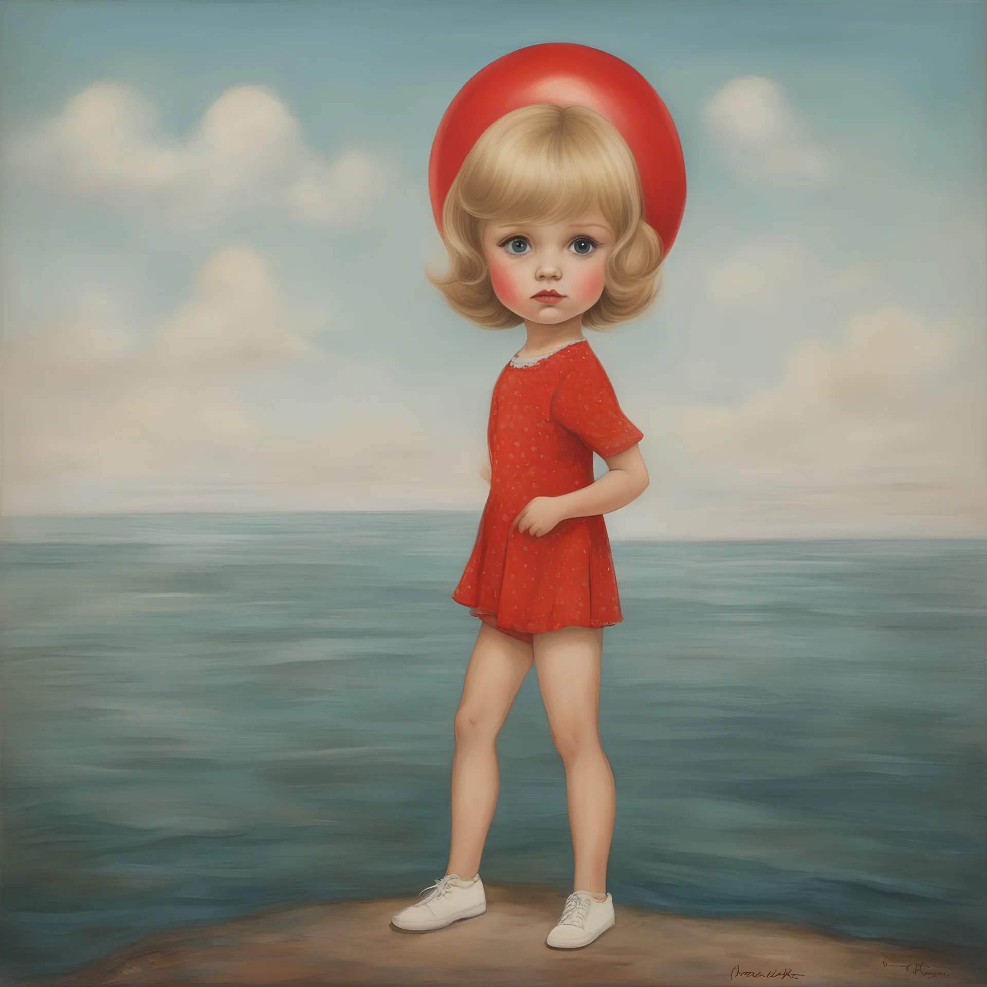 1970s, blond Little girl , in the style of Margaret Keane, she is standing on a red balloon over the sea