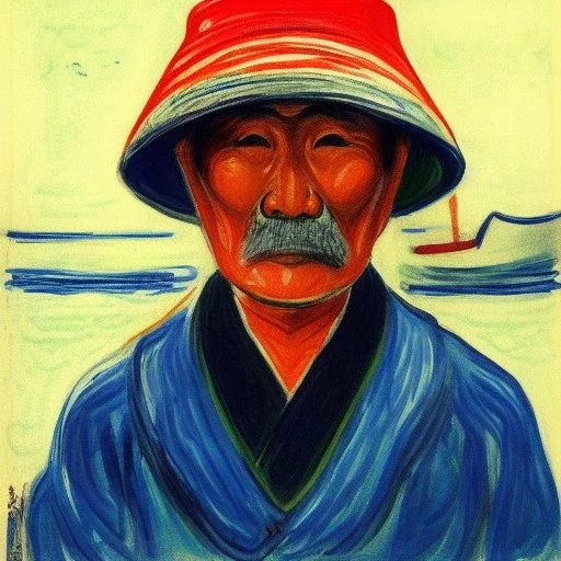 Portrait of OLd Japanese Fishermen on boat wearing bucket hat by edvard munch 8k