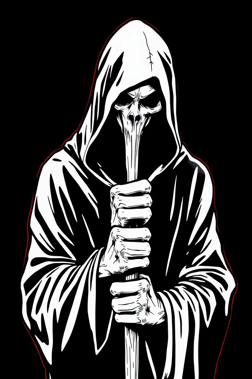 hooded Grim-Reaper gripping a staff with both hands, vignette, black and white graphic novel style with a red outline on black background,