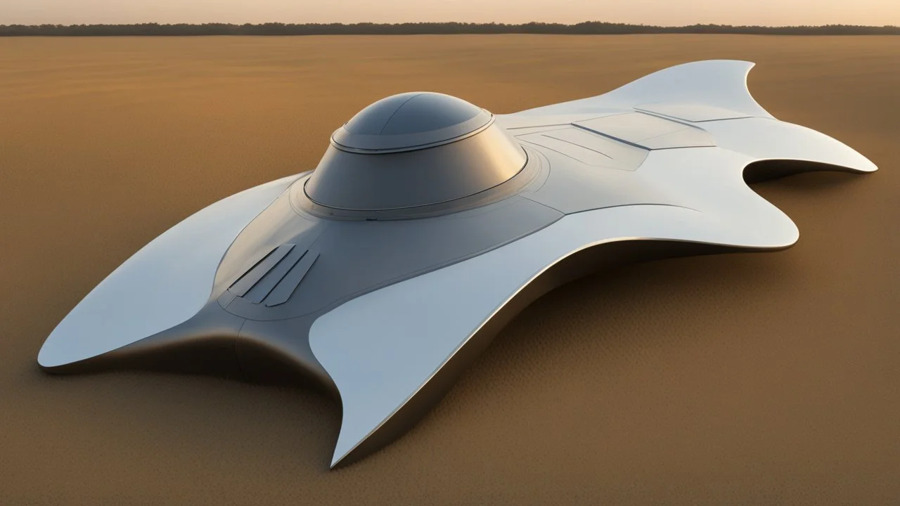 sleek, squat, cargo spaceship shaped like a manta ray, sitting in a field