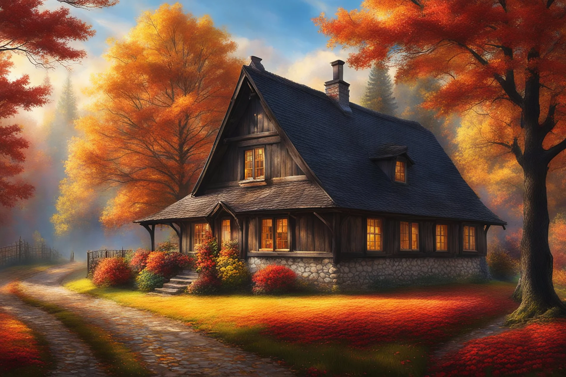 A cozy Black Forest scene in autumn, showcasing a traditional Black Forest farmhouse. The farmhouse should exude warmth, with smoke gently rising from the chimney, surrounded by trees with golden and crimson leaves. The scene should evoke feelings of nostalgia and comfort. Medium Photo hyper-realism. Style Reminiscent of classic European postcards, with a touch of Thomas Kinkade's painterly charm. Lighting Soft golden hour glow, casting long shadows and highlighting the textures of the