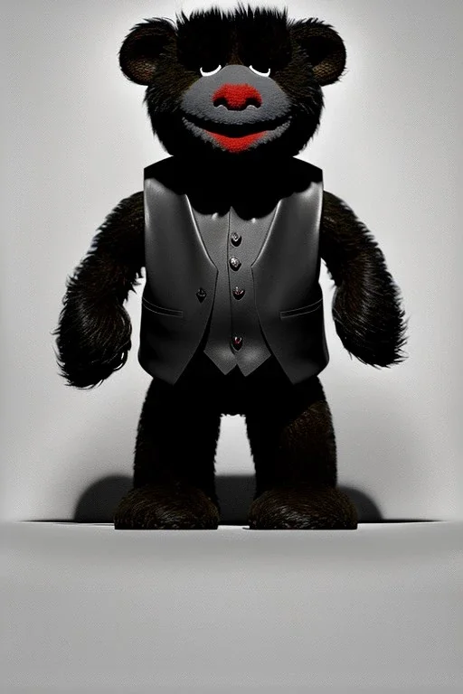 Waist up muppet Portrait, Kim Jong-un muppet doll, black suit, photo studio, red background, unreal engine 5, concept art, art station, ray tracing, lumen lighting, ultra detail, volumetric lighting, 3d.