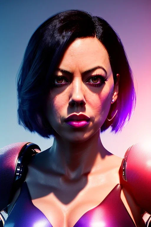 Aubrey plaza, Futuristic cyborg, portrait from waist up, vibrant hair color, vibrant eye color, intricate eyeliner, vibrant eyeshadow, clear completion, soft lighting, 4k resolution, intricate details, insanely detailed, colorful cityscape background, masterpiece, expert, cinematic smooth, retroanime style, realistic details, no helmet