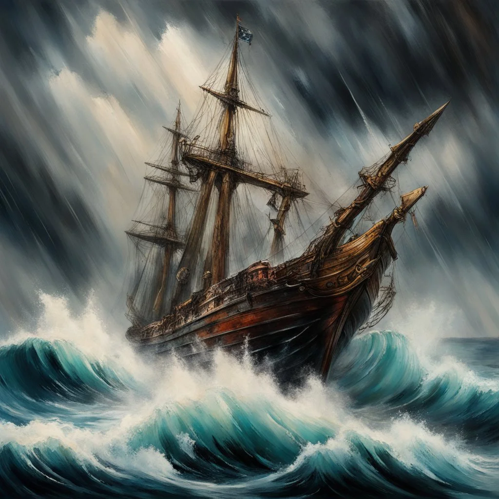 A vibrant maritime oil painting depicting a traditional wooden whaling ship, battling fierce waves under stormy skies, an imposing mermaid figurehead at the bow, majestic humpback whales breach the surface, dramatic, hyperrealistic painting by Renoir and Russ mills, impressionism, stunning, rainstorm, inkwash effect, kinetic