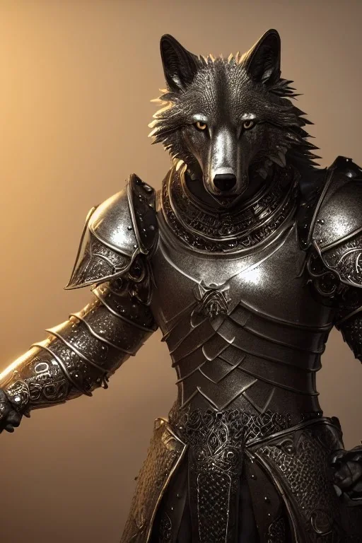 Anthropomorphic majestic wolf knight, portrait, finely detailed house stark armor, cinematic lighting, intricate filigree metal design, 4k, 8k, unreal engine, octane render,center