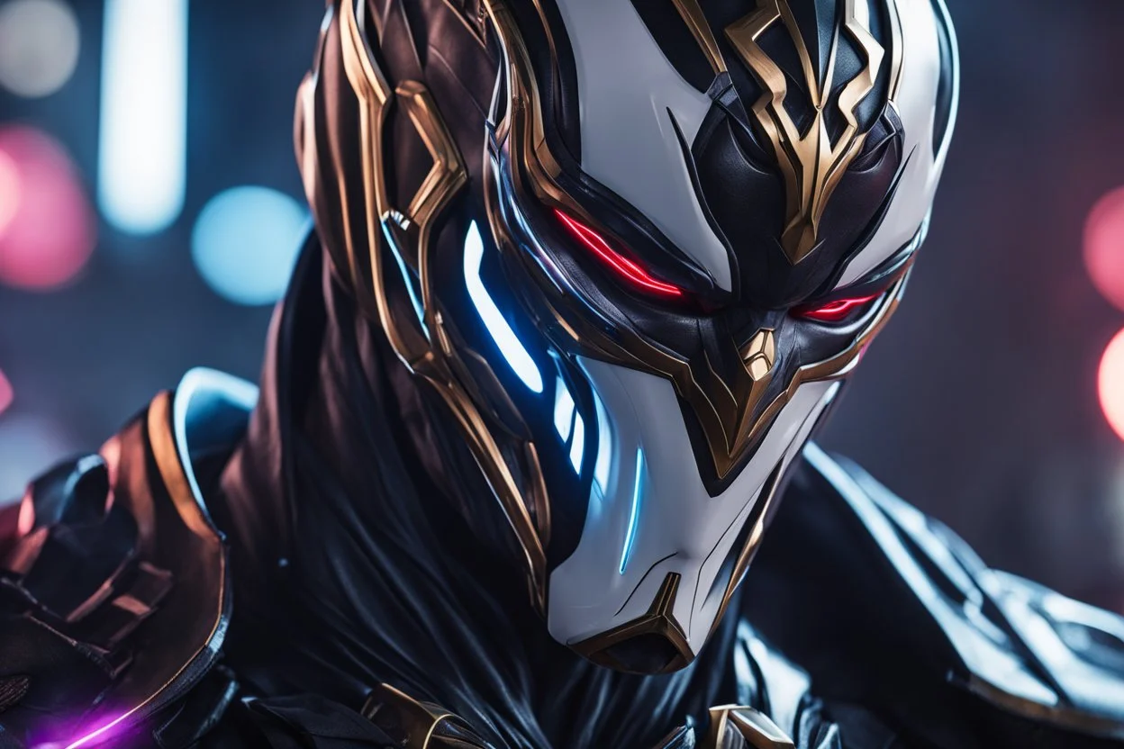 Jhin venom in 8k live action artstyle, white mask, normal eyes, close picture, neon lights, intricate details, highly detailed, high details, detailed portrait, masterpiece,ultra detailed, ultra quality