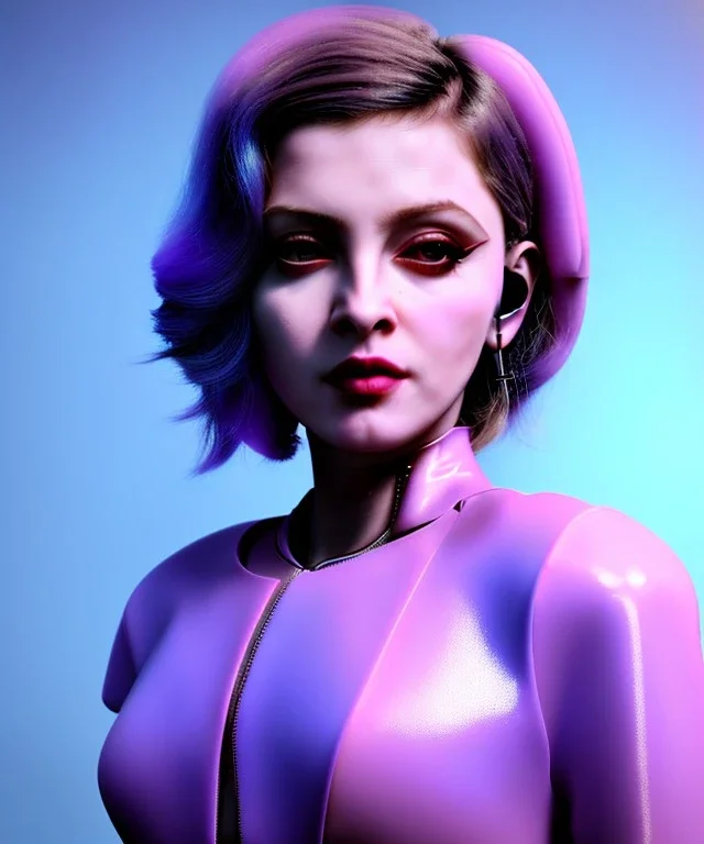 Artist, young madonna, android woman, sweet, clean skin, long eyeliner, contour make-up, short hair, circuits, ghost in the shell, latex coat, feather, cyber punk, neon, bamboo, blood, portrait, studio photo, unreal engine 5, soft color, 16 bit, god lights, ray tracing, RTX, lumen lighting, ultra deatail, volumetric lighting, 3d, finely drawn, hd.