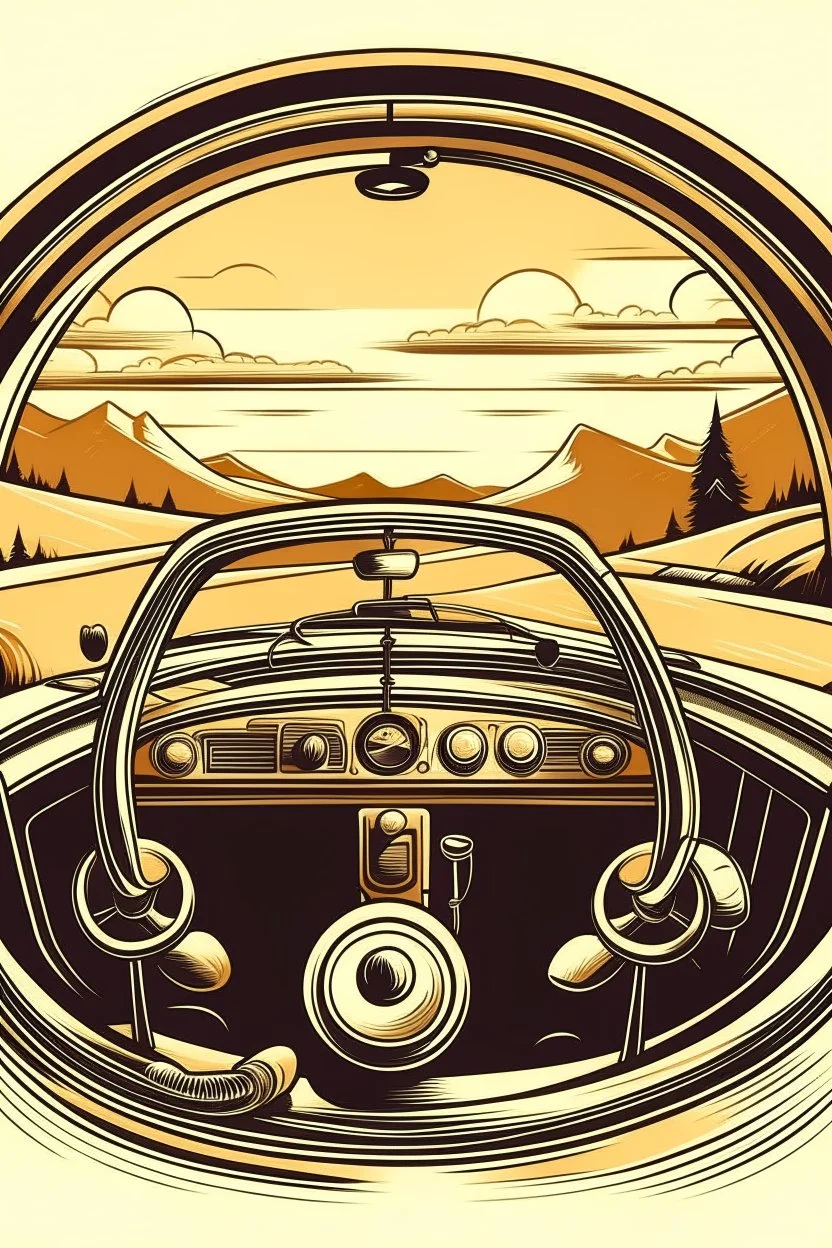 A vintage car phone with a curly cord, attached to the dashboard of a classic automobile. A scenic mountain highway stretches out in the background through the open window. Style: Retro travel, Mood: Adventurous, Lighting: Warm sunlight streaming through the window, T-shirt design graphic, vector, contour, white background.