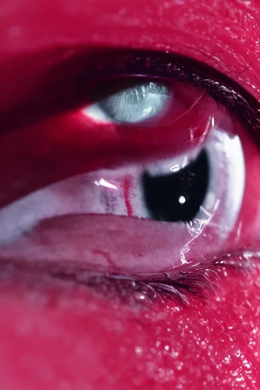 Extreme close-up of the eyes of a cyborg, soulless, gleaming pink to red, cyberpunk technopunk AbstractTech, rectangular