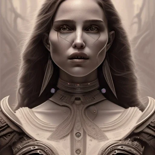 symmetry!! portrait of natalie portman in the style of god of war, machine parts embedded into face, intricate, elegant, highly detailed, digital painting, artstation, concept art, smooth, sharp focus, illustration, art by artgerm and greg rutkowski and alphonse mucha, 8 k