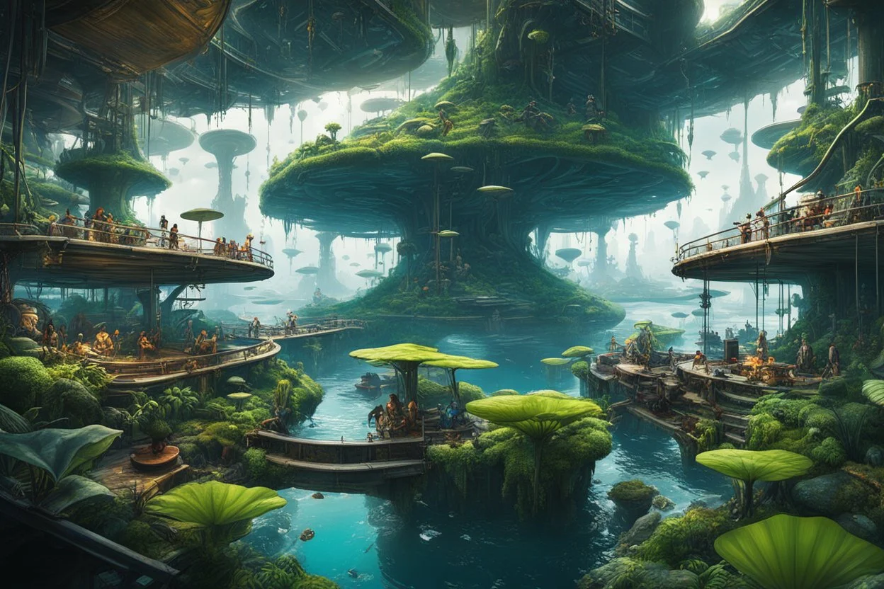 POV Scene: A firsthand perspective shot from within the moist, crowded upper deck of a massive, bioengineered floating island-city. We are standing amongst the native Islanders, an eclectic tribe of Beatnik-inspired survivors, rugged but glowing with inner vitality. Our vision is slightly distorted by heavy atmospheric moisture and perhaps the residues of sacred fungi; colors bleed and halos surround lights. The scene is illuminated by the bioluminescent glow of the island's own 'living technolo