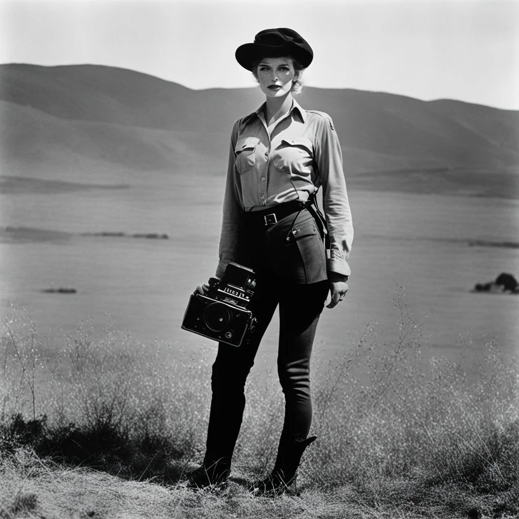 [art by Russ Meyer] Lee Miller stands with her camera in the battlefield. she shows off her garters. This war photographer is a fascinating figure indeed. She captured powerful images during World War II, showcasing the realities of conflict with a unique perspective. Her work is a testament to the courage and artistry of photojournalists in documenting history.