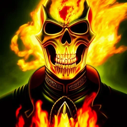 ultra detailed fullbody portrait of Ghost Rider, extremely detailed digital painting, intrincate, extremely detailed smiling face,crystal clear Big Green eyes, in the style of Robert E Howard , mystical colors , perfectly centered image, perfect composition, rim light, beautiful lighting,8k, stunning scene, raytracing