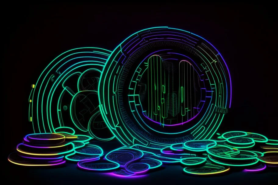 black background, outlines of a holographic graph and coins, drawn from thin neon-coloured glowing lines