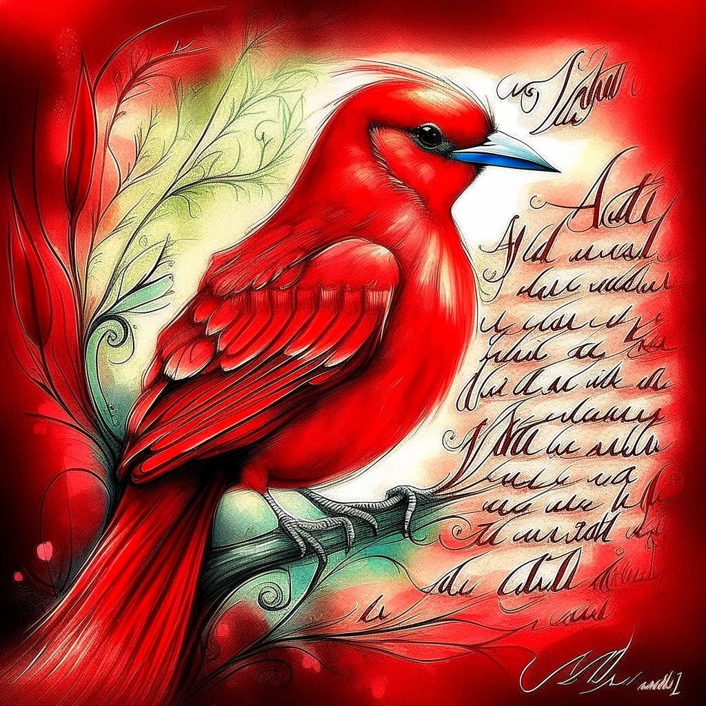 a vibrant digital chalk sketch painting featuring a double exposure image of a beautiful majestic red cardinal, ultra-detailed, within the body of the cardinal is a heart with the words "I AM ALWAYS WITH YOU" in a beautiful script