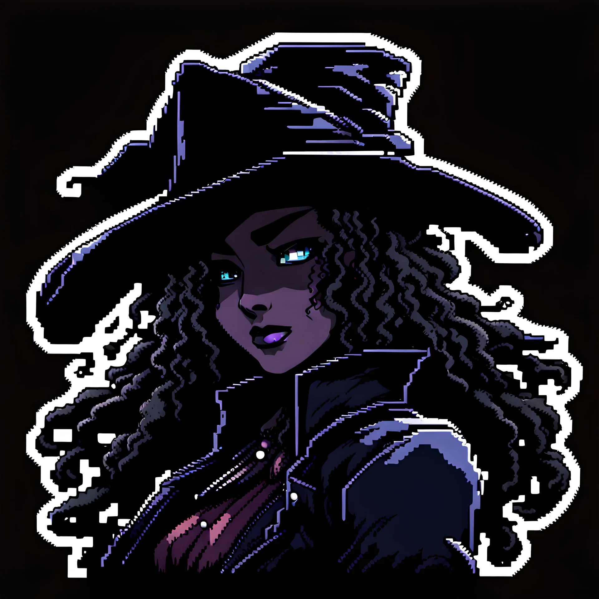 Bad ass purple eyed curly haired dark skinned Lady Maria from Bloodborne in blue pixel art