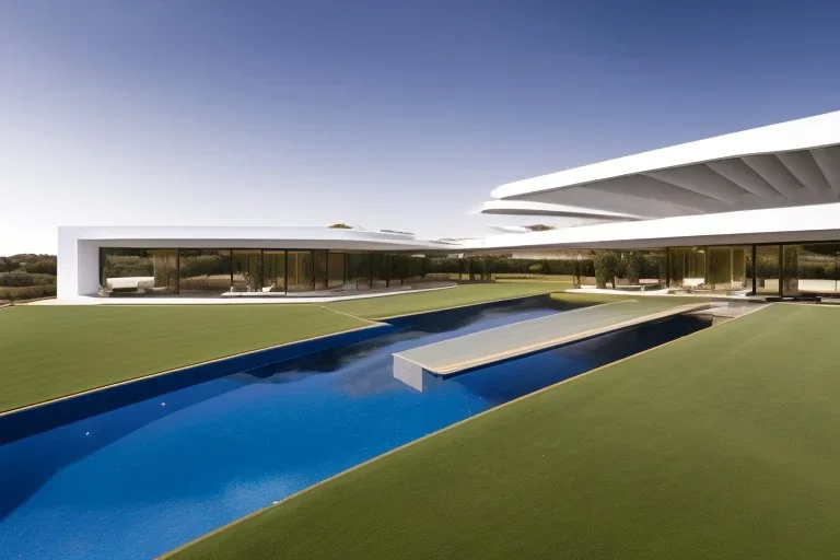 algarve in quinta do lago, one straight line building of 250 meters long pool of a modern luxury architecture with wood and gold metallic pergolas with pool on rooftop, overlooking a slope with pinus pinea