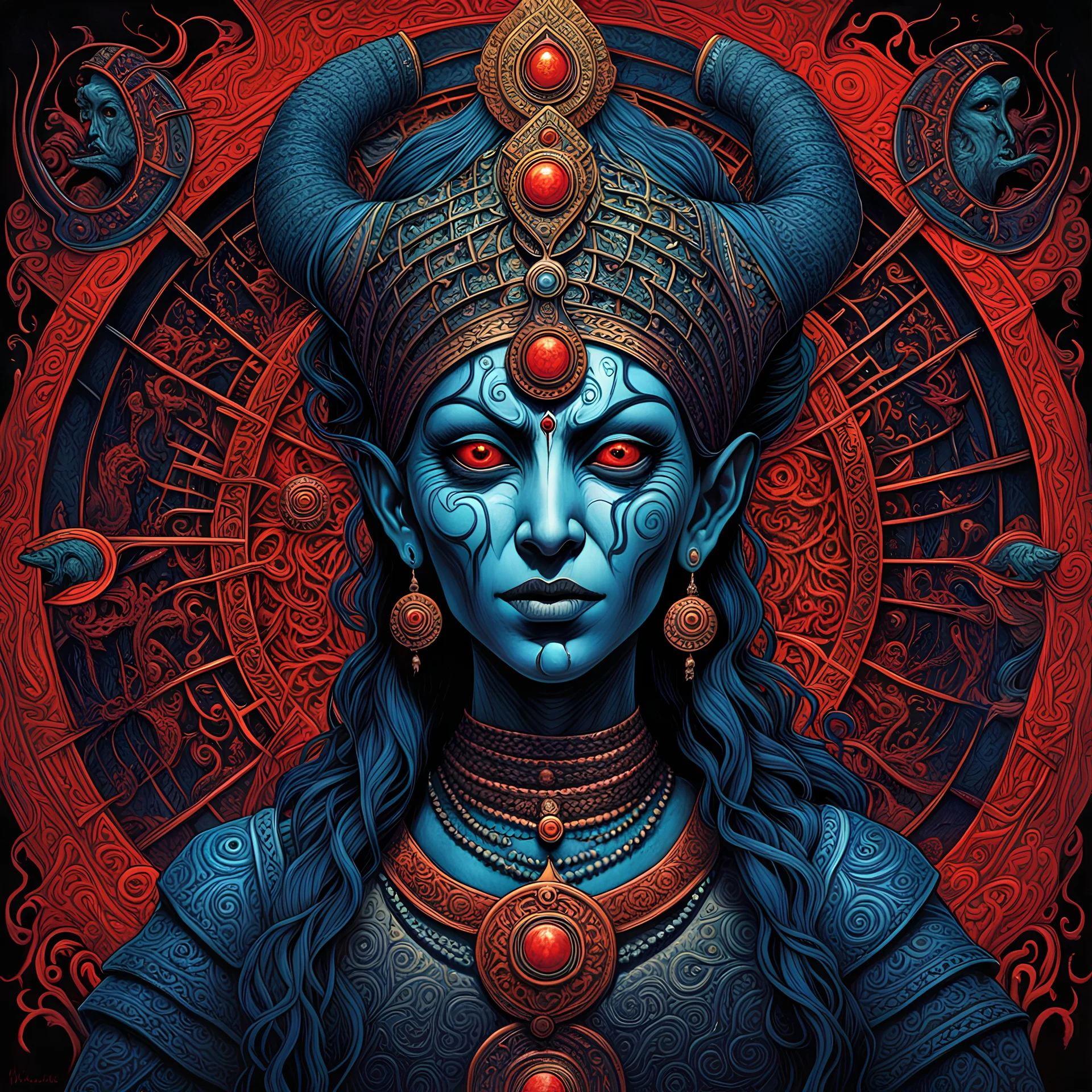 temple of flesh, Goddess Kali hallucination, hindu maze textures, maximalism, horror surrealism, by Michael Whelan, by Ben Templesmith, palpable textures, enveloped in an approaching nightmare, high contrast, Whelan's distinctive visceral horror style and detailed line work, rich sharp colors, heavy atmosphere.