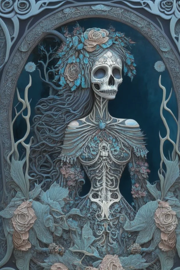 Artwork entitled "Skull Moon Pond Goddess " depicts a partially skeletonized Pond Goddess wearing a gown made from detailed quilling consisting of feathers, foliage, fish scales, flowers, and gemstones appearing inside an archway of quilling growing around her and the skull moon; insanely detailed; quilling; elegant, fantasy, rose tones, beautiful, rapturous