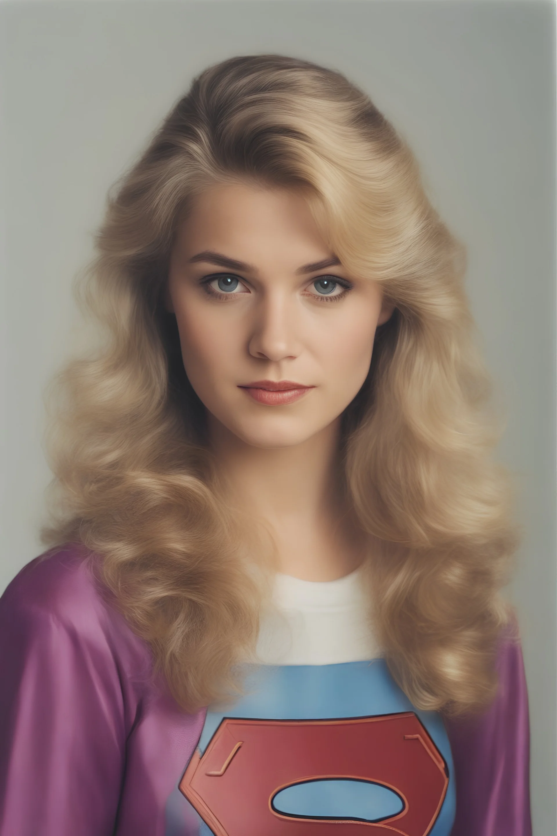 1980's yearbook photo, teenage girl, 18 years old, blonde hair, 80's hairstyle, Supergirl, photorealistic, --ar 9:16 --style raw