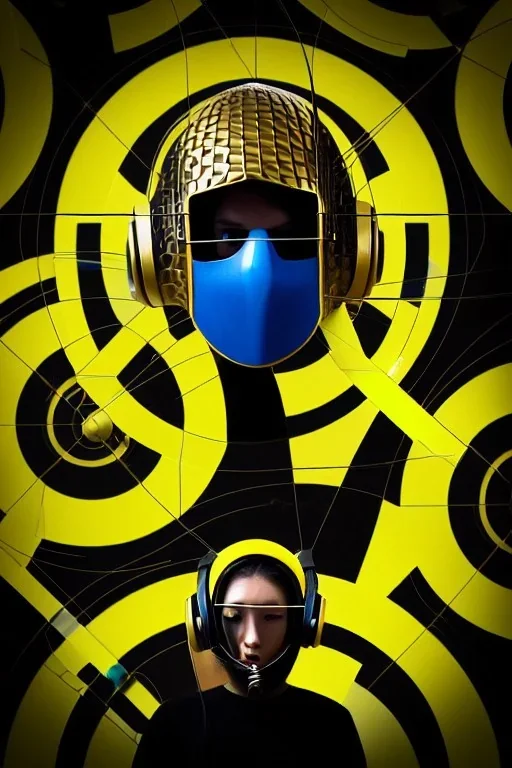 Geometric 3D tiling, music band on the background. Bronze color, Yellow, Black Cyan photograph Cyber-punk, full-mask, olAKG-style big headphones, golden rings & disc, fencing mask. Selfie archer. Asa Akira, lightly armored, electronic circuits. Thick tights, thick calves, bend fell, wide hip, flat belly. Ancient artifact attached. Perfect body. Matrix movie clothes, Silver leather area, tippet, latex. Wicked sneakers. Daft Punk, Tron Movie. 1990's, old telephone microphone. Haute Couture