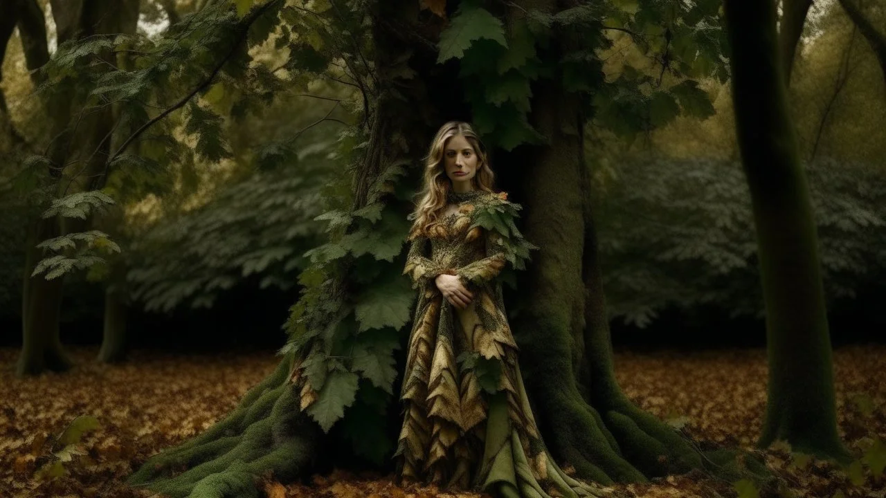 woman in a dress made of leaves, growing out of a tree in a woodland