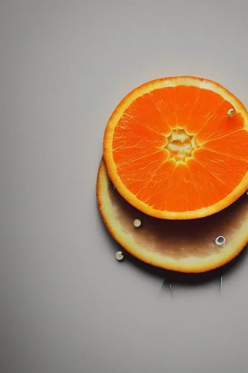 portrait, an orange cut open with tiny clockwork gears embedded in its rind, AbstractTech clockpunk, Food photography, beautiful, delicious food, recipe photography, realistic, natural light, colorful, food art, object photography, vignette, ultra HD