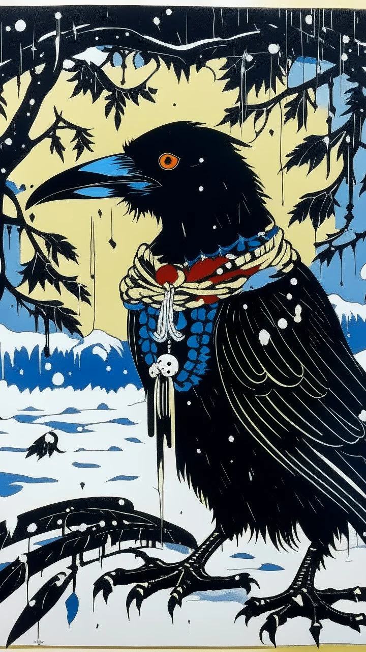 A contemporary serigraphy by Matisse of a human-like and happy crow adorned in a punk leather jacket within a snowy Christmas atmosphere.