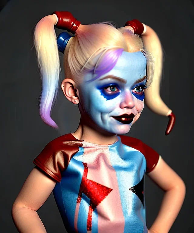 Harley quinn toddler, full body, soft skin, dramatic lighting, hyper realistic