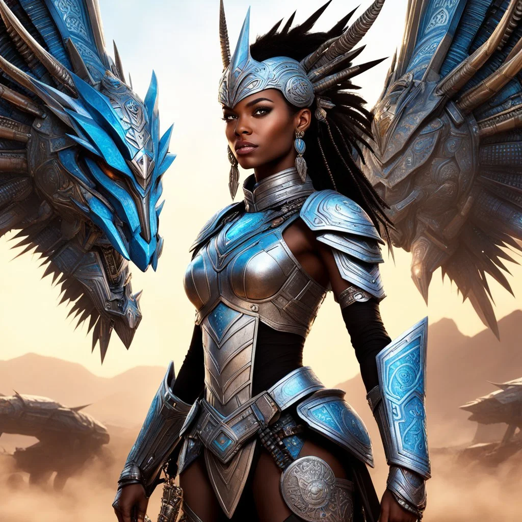 hold by an artificial intelligence escapes her spaceship Bigger! Wilder! Whoa! You will do what you always do. Hand in the art right when they need it. Too late to change. Imagine a futuristic world, a digital art masterpiece come to life. A female warrior, clad in intricate tribal armor adorned with menacing spikes, stands tall holding a firearm that blends ancient tribal design with advanced technology. Her eyes, a reflection of the artificial intelligence within her, exude determination and