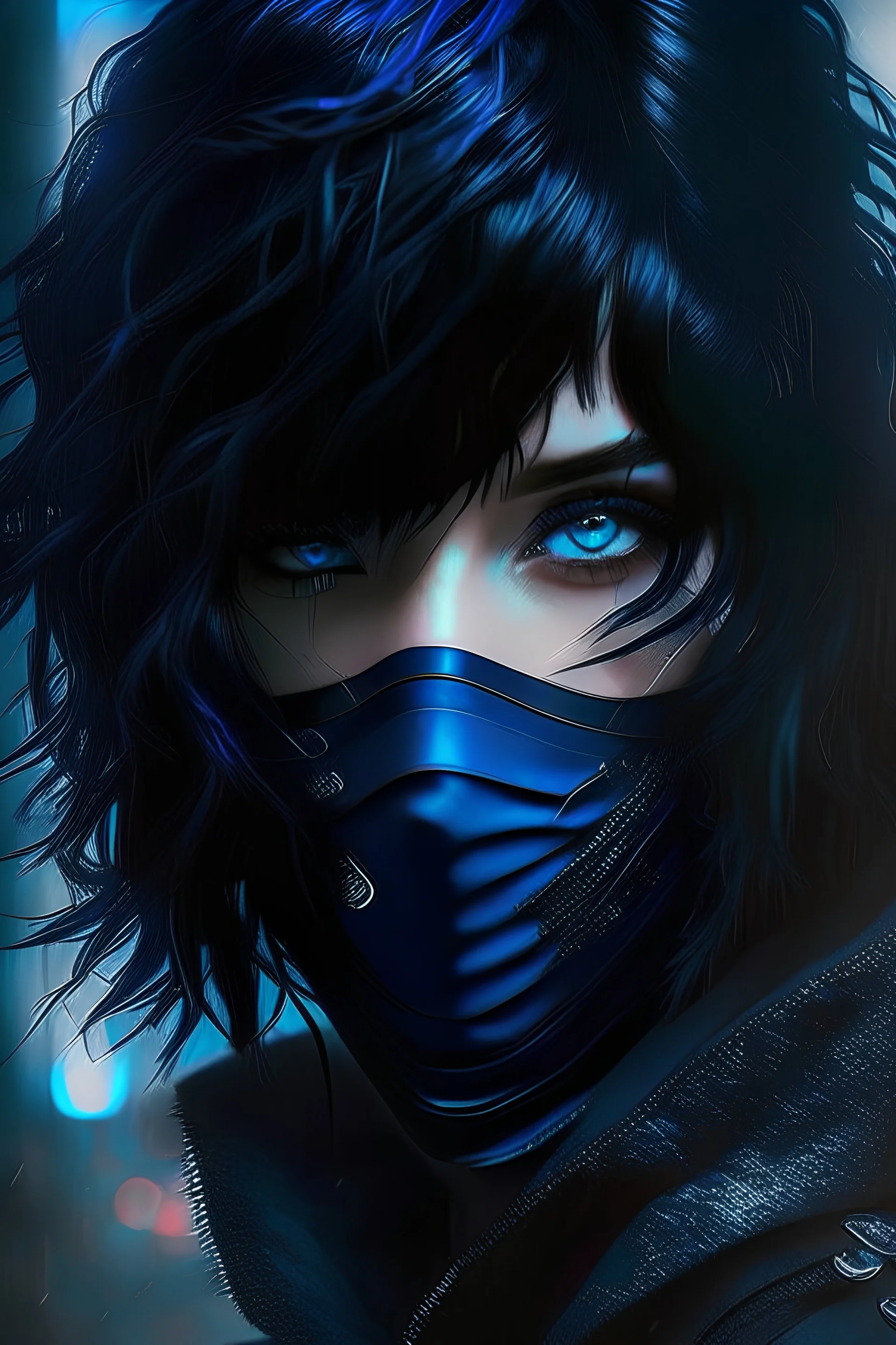 Bob hair, black hair, black hair, cyberpunk, face mask, elegant, bangs, gloomy, rimlight, gothic, techwear, bits of color, dark, gritty, female, dark theme, beautiful, handsome, modest, blue eyes