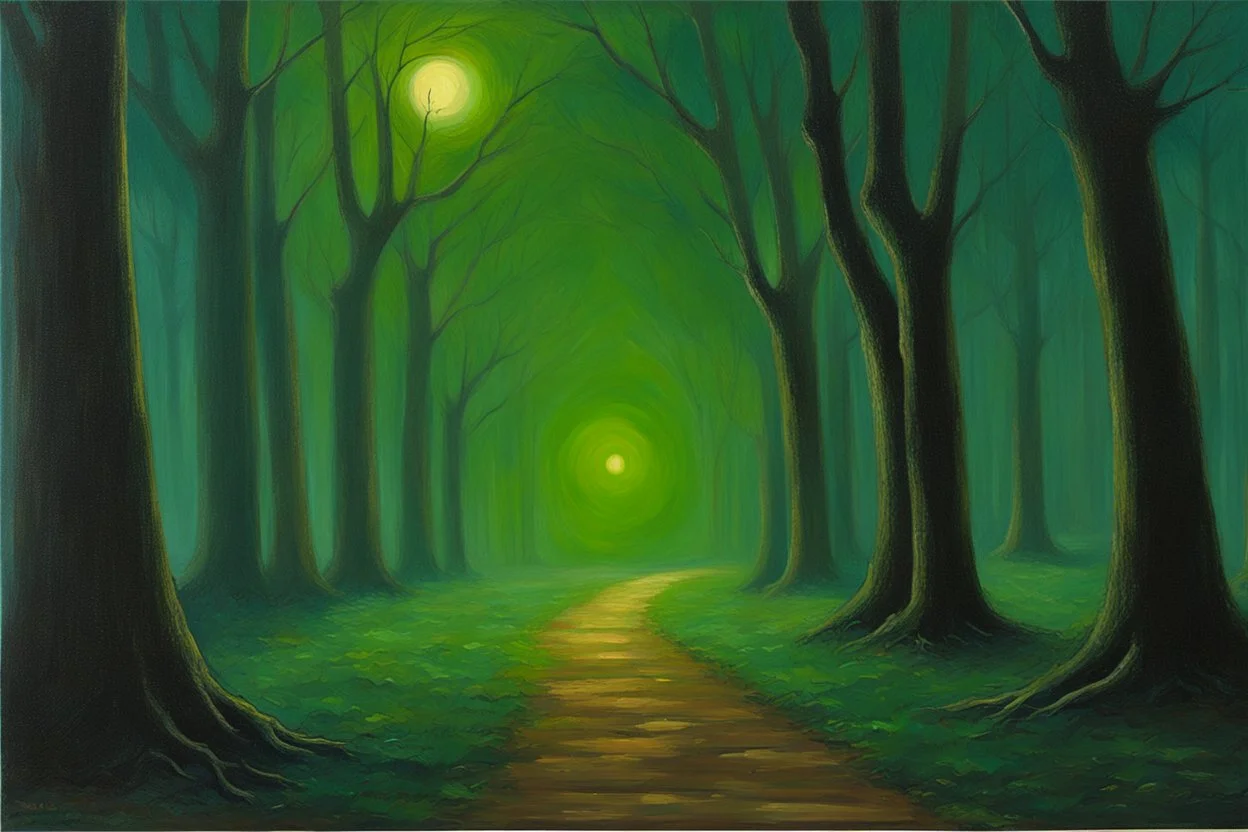 Trees, night, pathway, 2000's scifi movoes influence, ernest welvaert impressionism painting