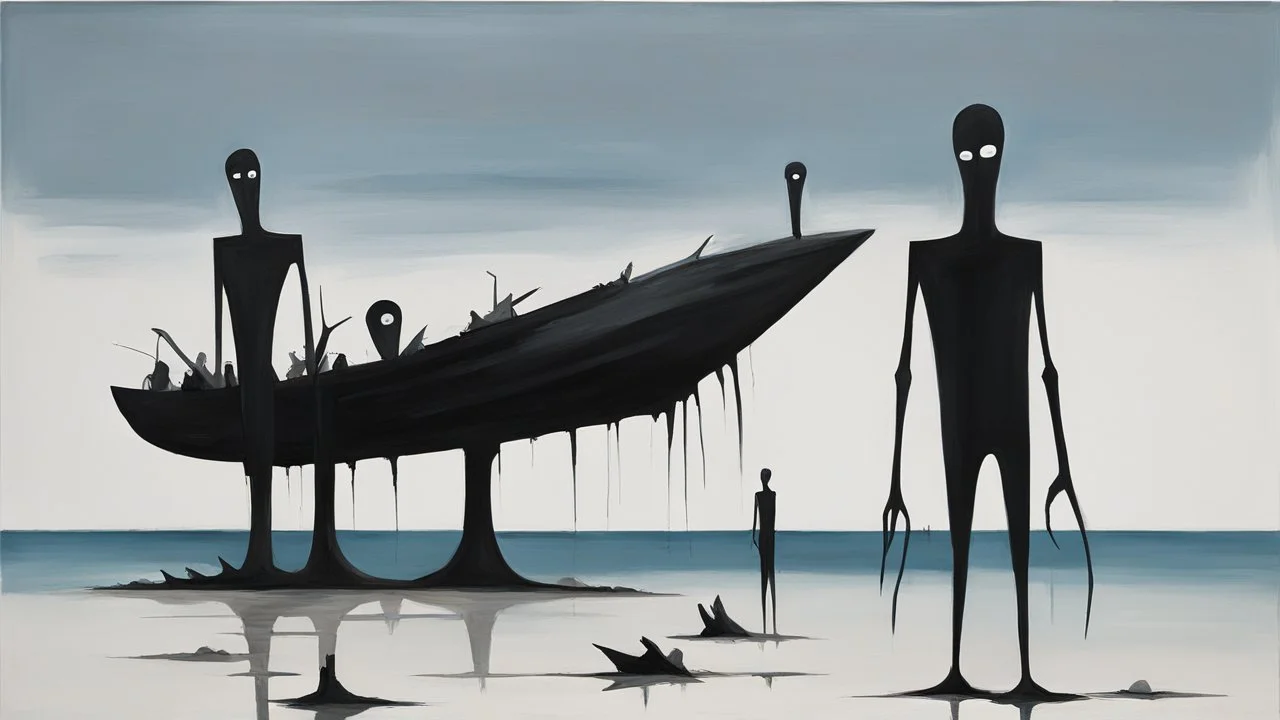ong-legged surreal lean black-grey figures with beak-shaped heads (wearing white khiton) standing in front of a boat wreck on a radioactive beach, acrylic painting, minimal art, centered, wild sparse brushstrokes, amazing verticals, great parallels, low bleak colors of gray, blue and black, excellent negative space contrasts