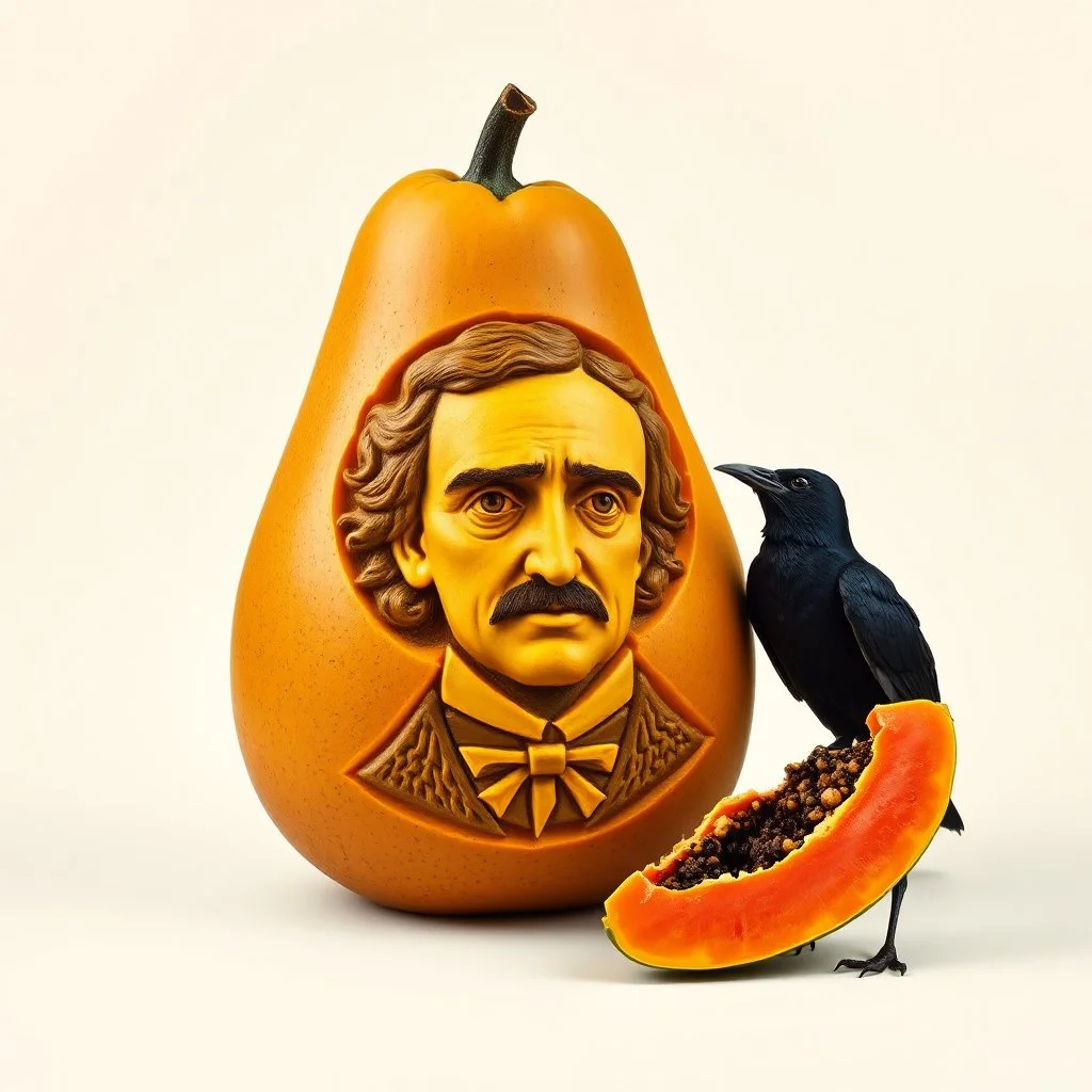 Papaya with a carving of the face of Edgar Allen Poe, surreal, profound, raven stands next to the papaya