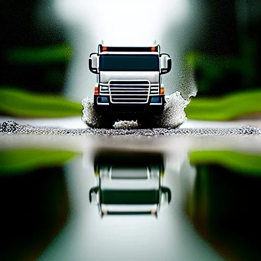 photorealistic shot, Toy R C truck, monotone color palette, sharp focus, puddle reflection, tire water splash, refraction, mist on the horizon, shadowcast, detailed and intricate, intense cinematic composition