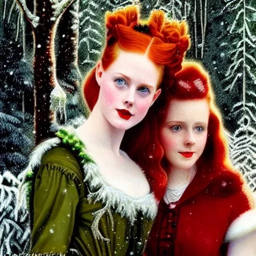 young Deborah Ann Woll and teen Robyn Lively, beautiful faces, meticulously detailed red hair; forest, snow, ethereal fantasy maximalist matte painting. Hues of Christmas. realistic. Victorian era, snowflakes, holly, pinecones, old fashioned, vintage, antique, beautiful, renaissance, 16k