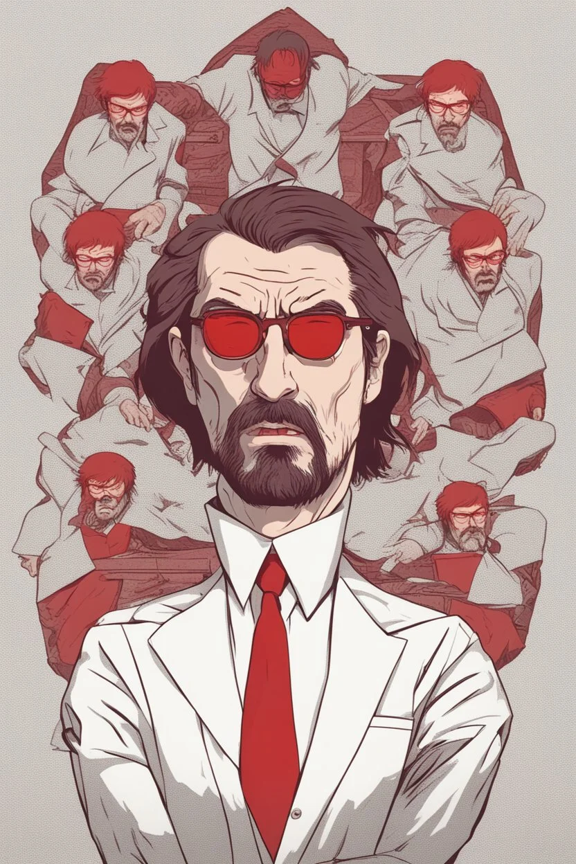 an angry man who looks like Hans Gruber wearing solid red glasses