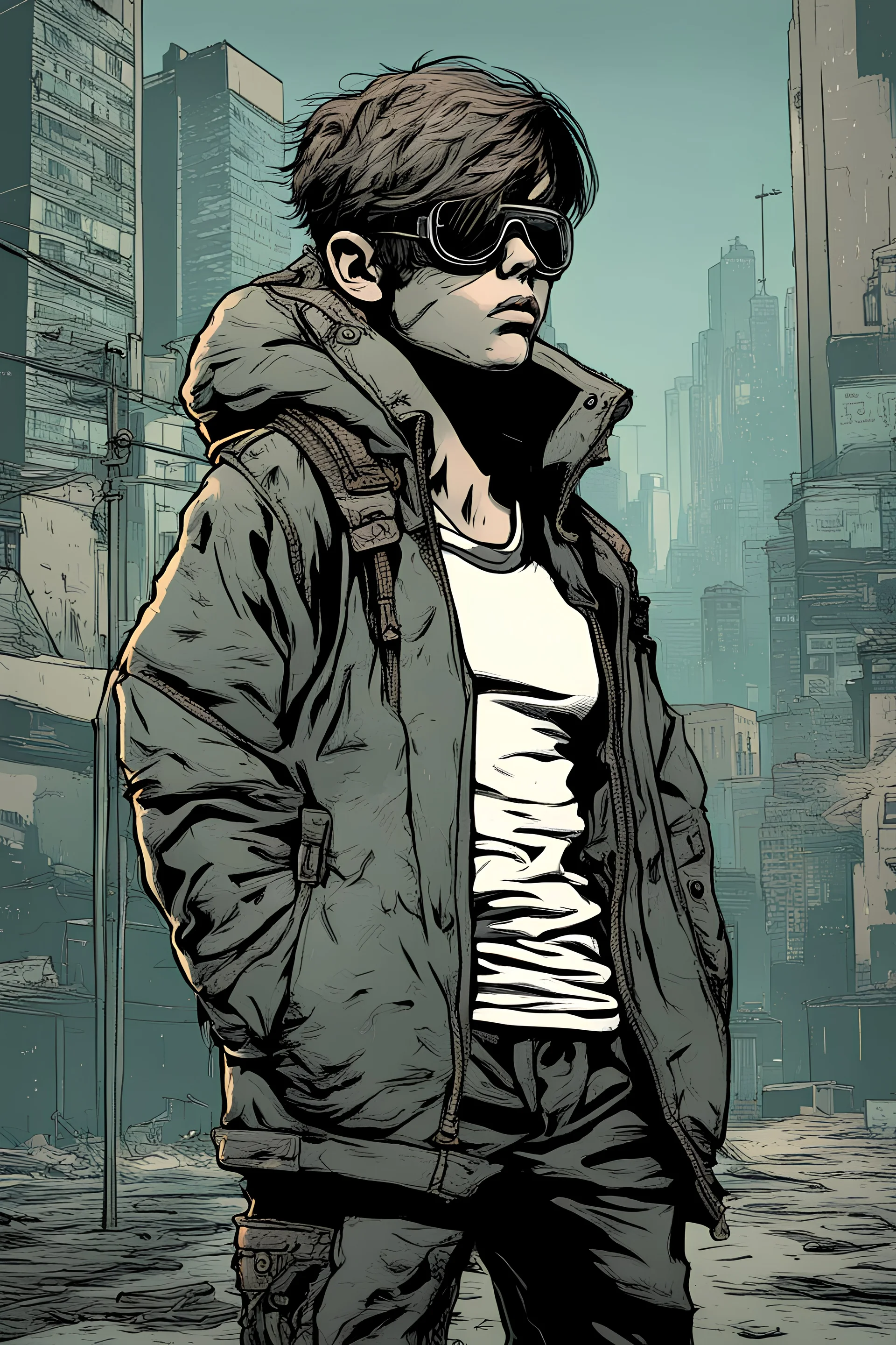 young boy, cyberpunk, comic book art style, VR glasses,, sad, drugs, homeless,