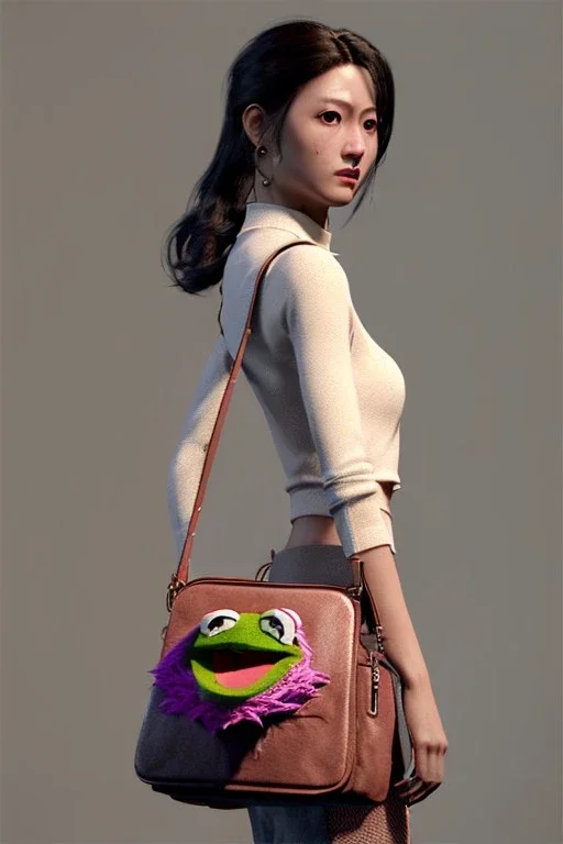 Woman bag made with muppet, Sesame Street style, fashion photo studio, unreal engine 5, god lights, ray tracing, RTX, lumen lighting, ultra detail, volumetric lighting, 3d.