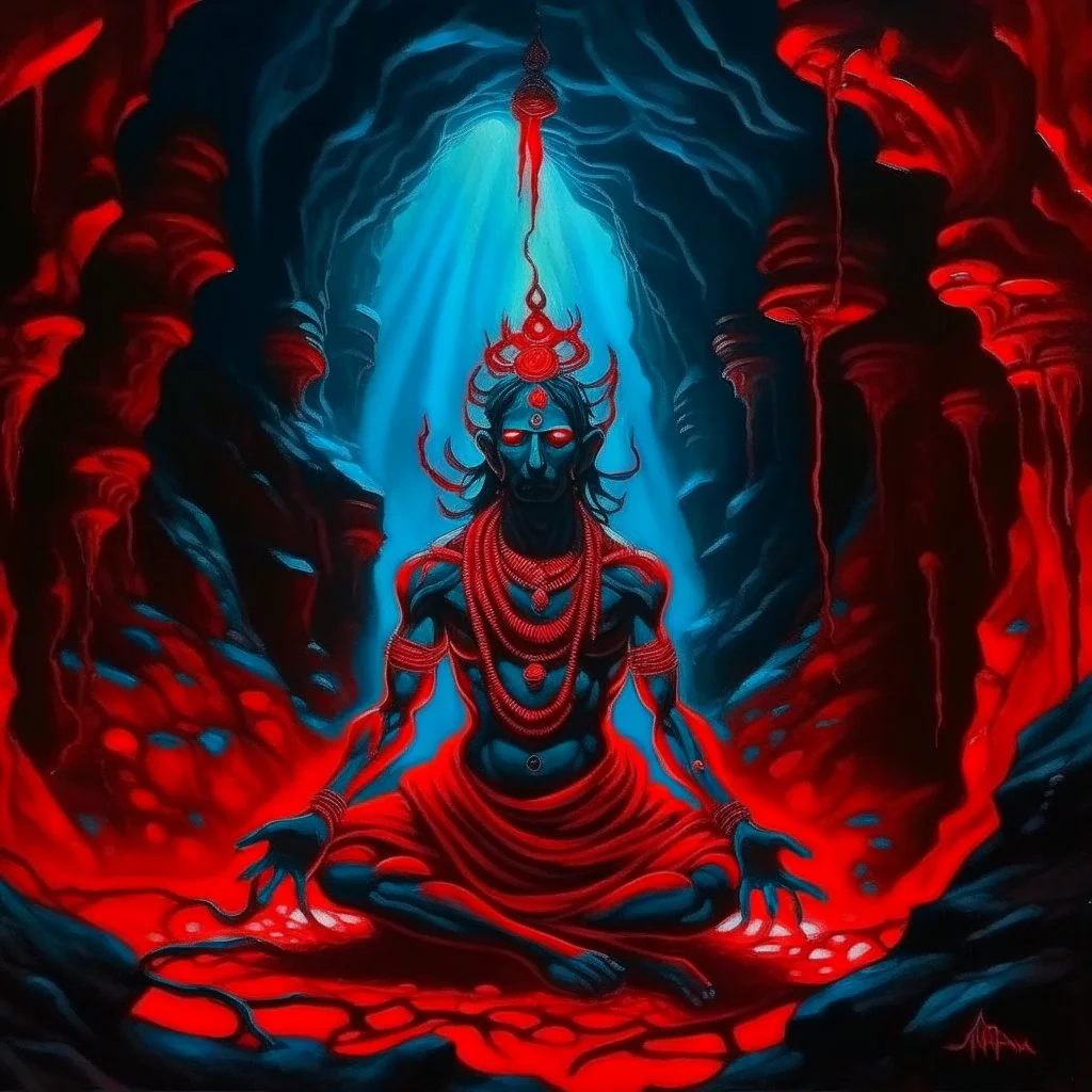 An painting of Hindu god YAMA in a cave, neon red colors, high detail, dark vibe