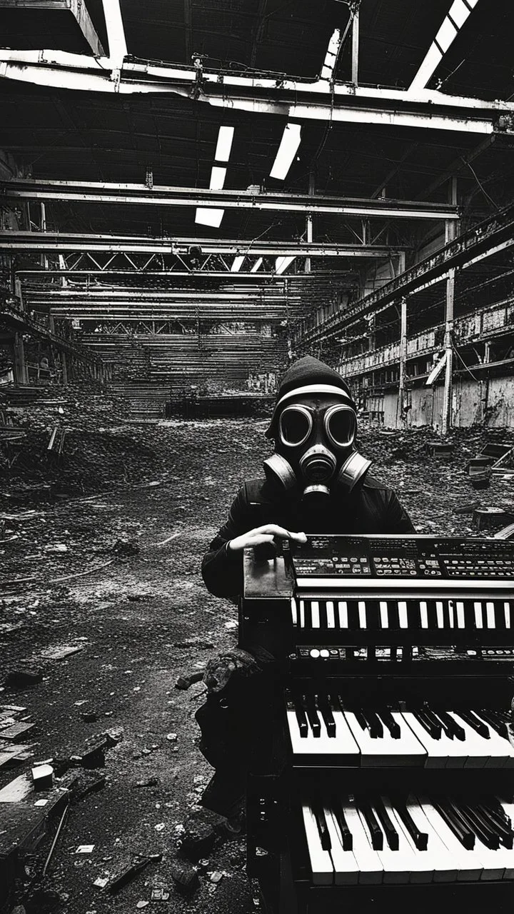 a person with a gas mask in an abandoned big massive factory, playing with a modular synth piano