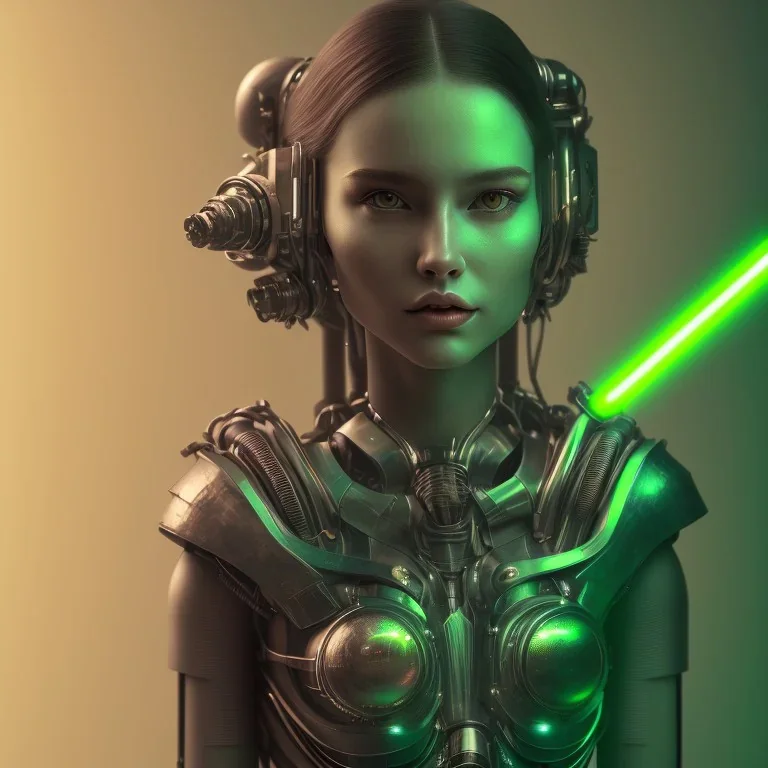 A beautiful portrait of a single minded cute cyberpunk woman, wolf haircut lime green color scheme, high key lighting, volumetric light high details with a lizard like alien with feathers. 3/4 torso. Portrait with a light saber